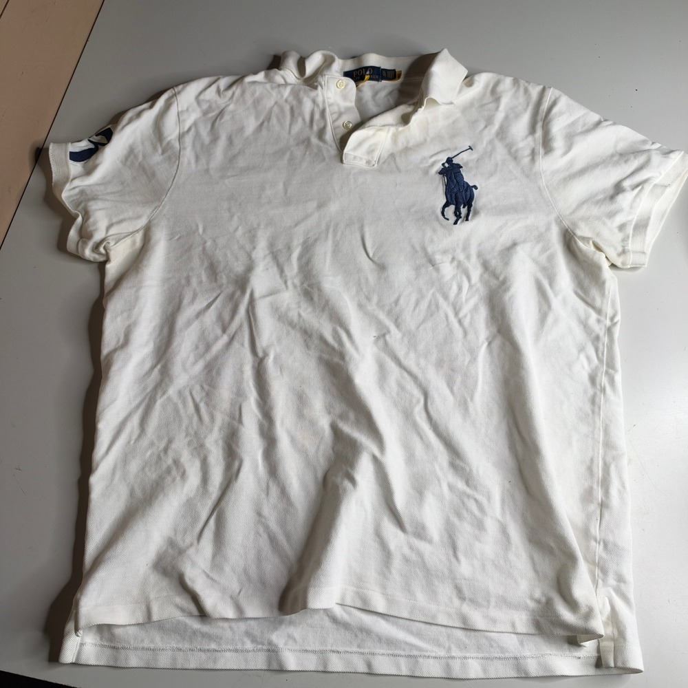Polo Ralph Lauren Mens XL Big Pony Custom Slim Fit Polo Shirt White Navy Blue